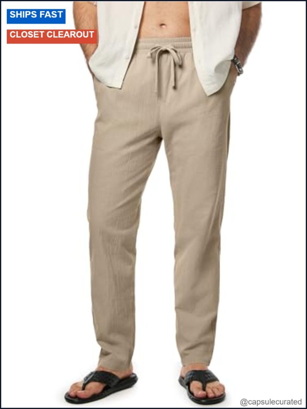100% Cotton Men's Casual Pants Elastic Waist Drawstring Lightweight Summer